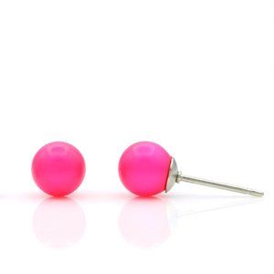 Neon Pink Pearl Studs | 6mm Swarovski Pearl | Dainty Pink Pearl Earrings